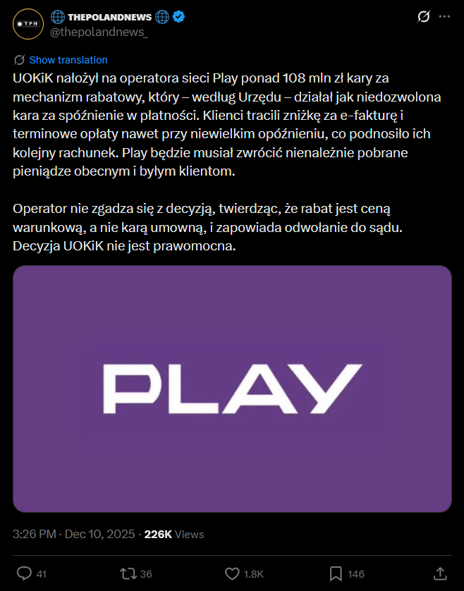 UOKiK nałożył na operatora sieci Play ponad 108 mln zł kary za mechanizm rabatowy, który – według Urzędu – działał jak niedozwolona kara za spóźnienie w płatności