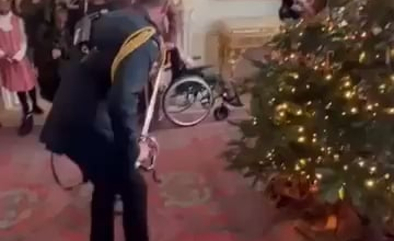 Camilla's new equerry hangs a Christmas tree ornament with his sword for at annual tea party for terminally ill children at Clarence House