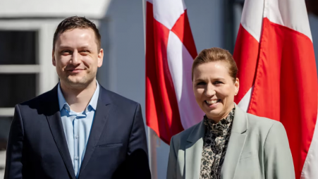 Denmark's Prime Minister Mette Frederiksen, right, and Greenland's Prime Minister Jens-Frederik Nielsen smile during their meeting at Marienborg in Kongens Lyngby, Denmark, on April 27, 2025. Photo: Mads Claus Rasmussen/Ritzau Scanpix