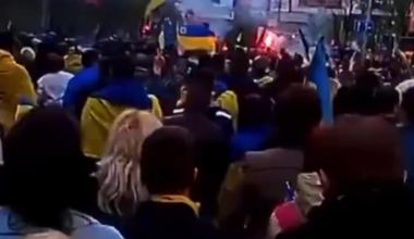 People chant "One. United. Independent Ukraine." Donetsk, 2014.
