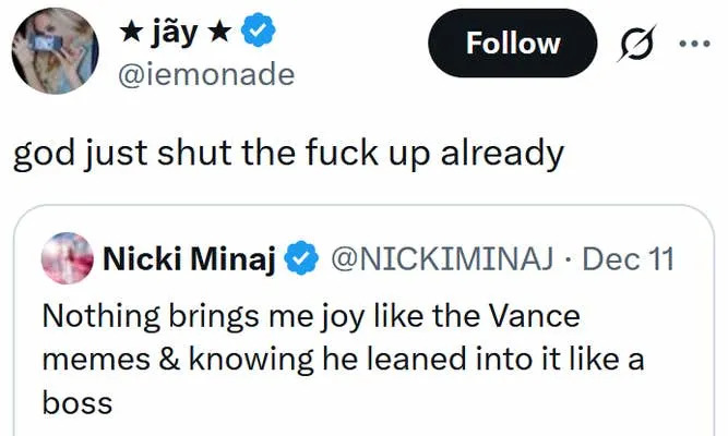 Quote of a Nicki Minaj tweet reading "god just shut the fuck up already"