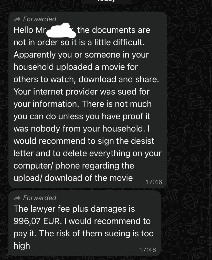 Lawyers response from a torrent copyright infringement.