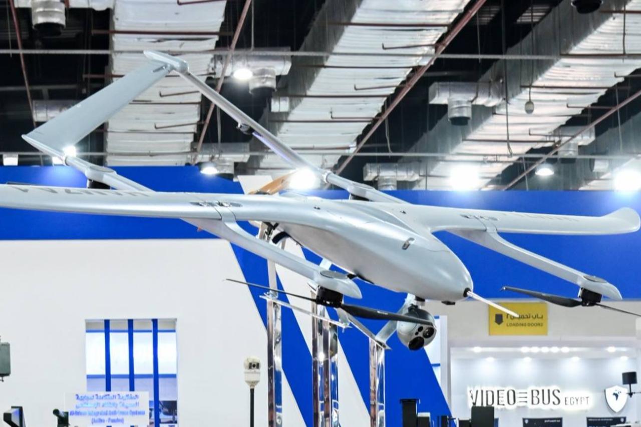 The first vertical-takeoff drone produced by Egyptian factories in cooperation with the Turkish side is called “Hamza-1,” which was presented at the Egypt International Defense Industries Exhibition on December 1, 2025. (Photo via Facebook / @ the official page of the Arab Organization for Industrialization)