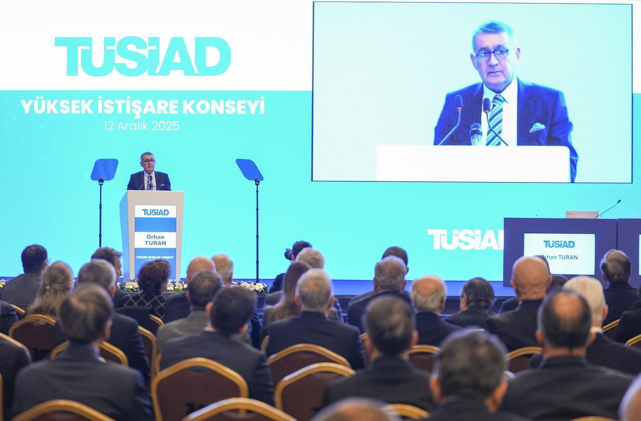 Turkish Industry and Business Association (TUSIAD) Chairman Orhan Turan speaking during the TUSIAD High Advisory Council meeting in Ankara, Türkiye, Dec. 12, 2025. (AA Photo)