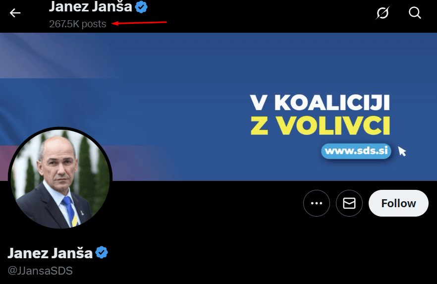 Janez Janša ima na Twitterju 270K tweetov od kar je ustvaril račun leta 2011. To je približno 50-55 tweetov na dan, več kot najhujši X influencerji. Resnično se sprašujem, če je z njim vse vredu?