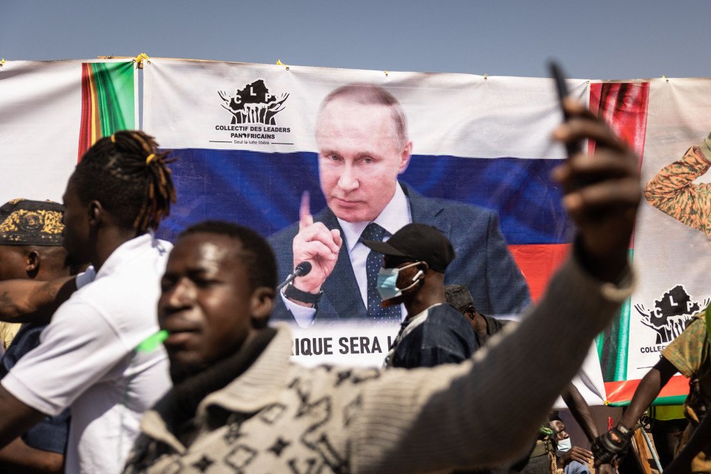 A banner of Russia’s leader, Vladimir Putin, during a protest to support the Burkina Faso President Captain Ibrahim Traore, January 2023. (Source: Olympia De Maismont via Getty Images)