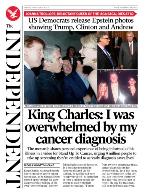 "King Charles: I was overwhelmed by my cancer diagnosis", reads the headline on the front page of the Independent. It appears below a collage of recently released photos from the Epstein files, featuring Donald Trump, Bill Gates, Bill Clinton, and Andrew Mountbatten-Windsor.