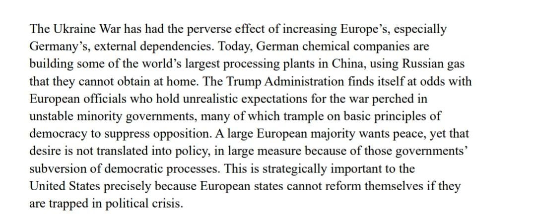 ASV nacionālā drošības stratēģija apvaino Eiropas valdības Krievijas kara turpināšanā.