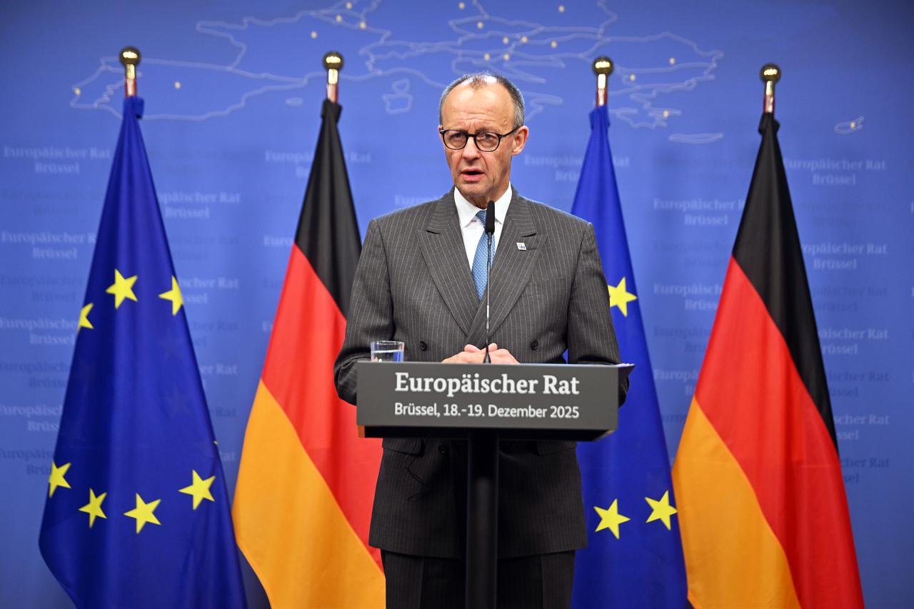 German Chancellor Friedrich Merz, who attended the EU Leaders’ Summit, speaks during a press conference in Brussels, Belgium on Dec. 19, 2025. (AA Photo)