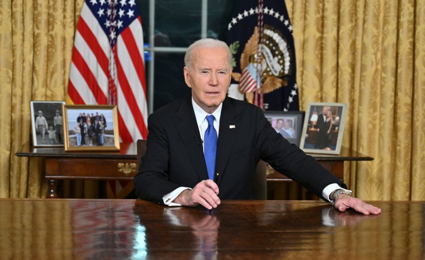 President Joe Biden delivers his farewell address to the nation from the Oval Office of the White House on January 15, 2025.