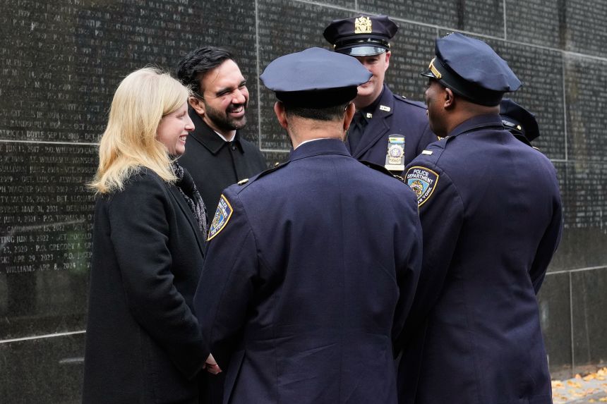 Mamdani and Tisch meet with NYPD officers during their visit to the New York City Police Memorial on November 19.