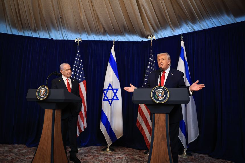 President Donald Trump holds a press conference with Israeli Prime Minister Benjamin Netanyahu at his Mar-a-Lago club on December 29, 2025, in Palm Beach, Florida.