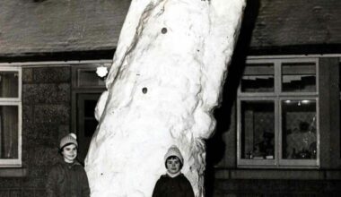 A giant snowman measuring 17 ft., made by two girls in Aberdeen, Scotland, Jan. 3, 1963.