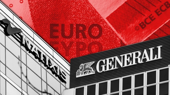 Logos of Natixis and Generali buildings with a close-up of euro banknotes in the background.