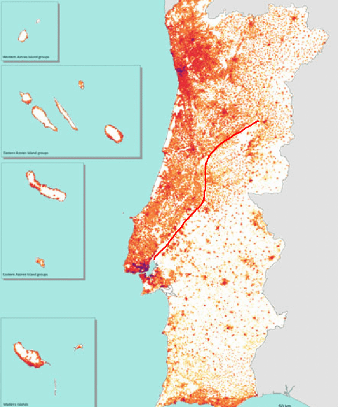 Why does the population density map of portugal have this strange line deviding high and low density seemingly in the middle of nowhere