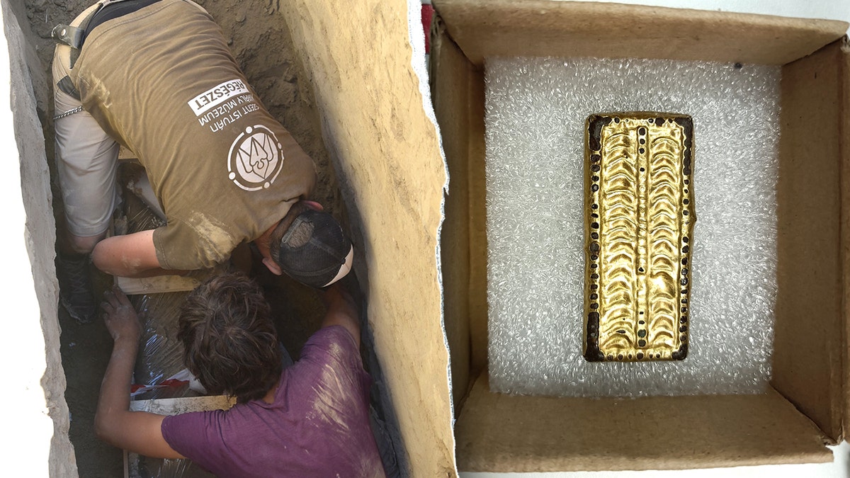 Split image of excavators, golden artifact