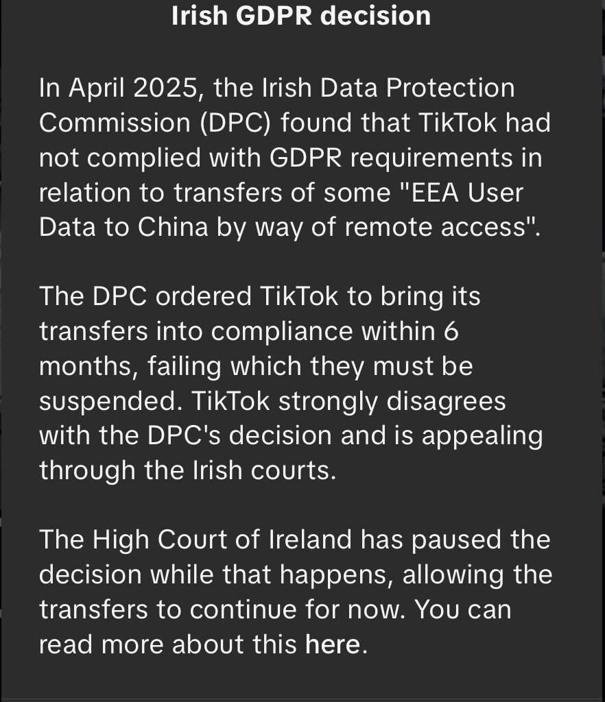 S-ar putea ca accesul la tiktok sa fie suspendat in UE (din care face parte și România) în urma unei plângeri GDPR initiate de comisia irlandeză pentru protecția datelor (DPC)