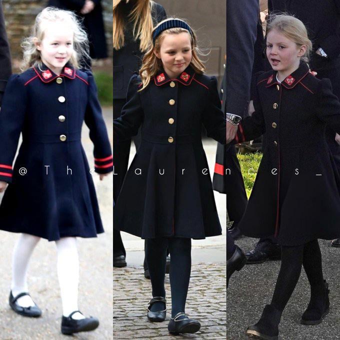 Royal hand-me-downs: Savannah Phillips and Mia and Lena Tindall wearing the same coat in 2017, 2022 and today