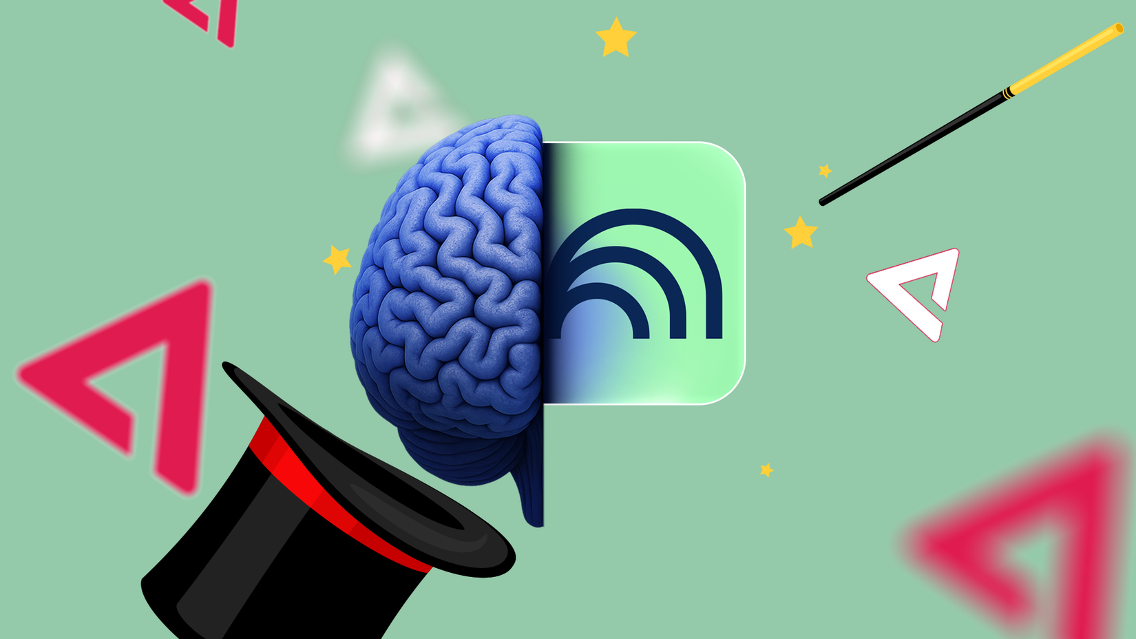 Illustration of a blue brain emerging from a magician’s top hat, split with the NotebookLM logo