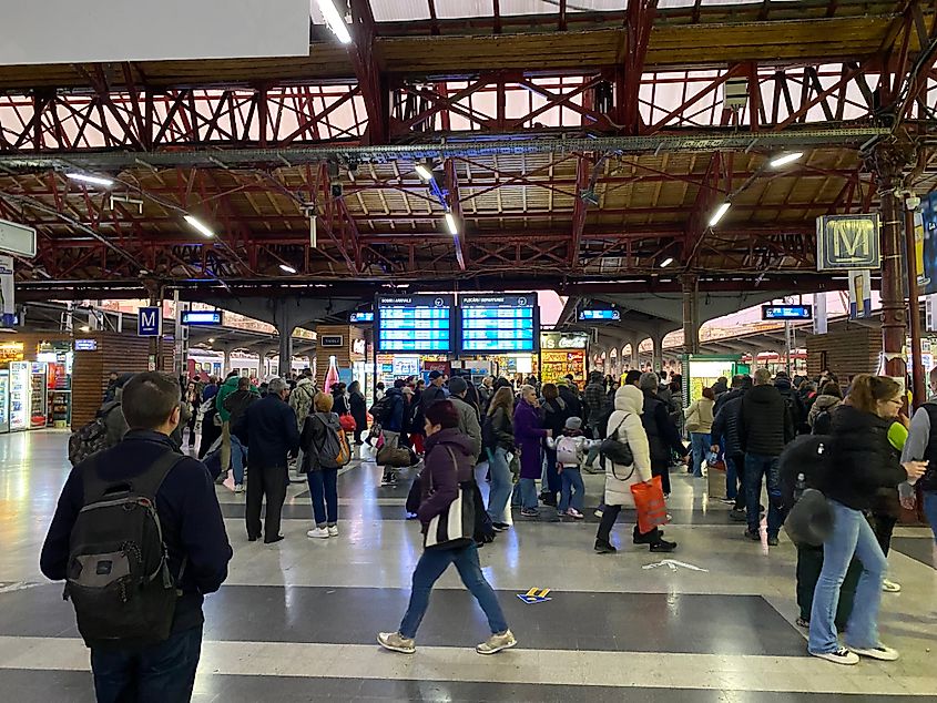 A man stares at the departures board of a crowded train station