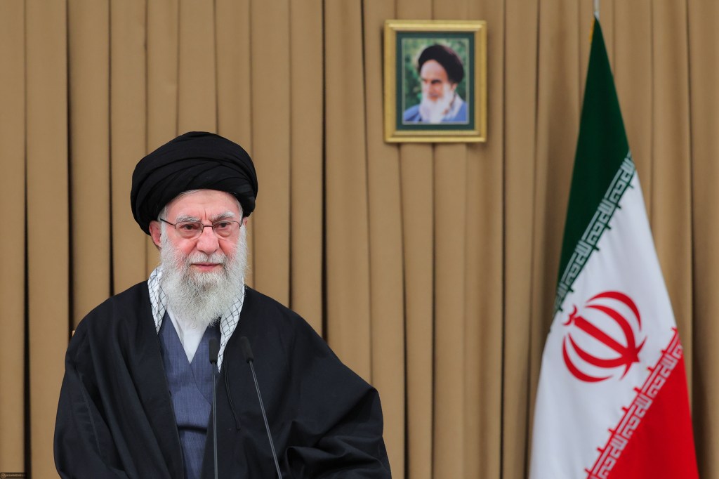 Iranian Supreme Leader Ayatollah Ali Khamenei delivering a televised speech.