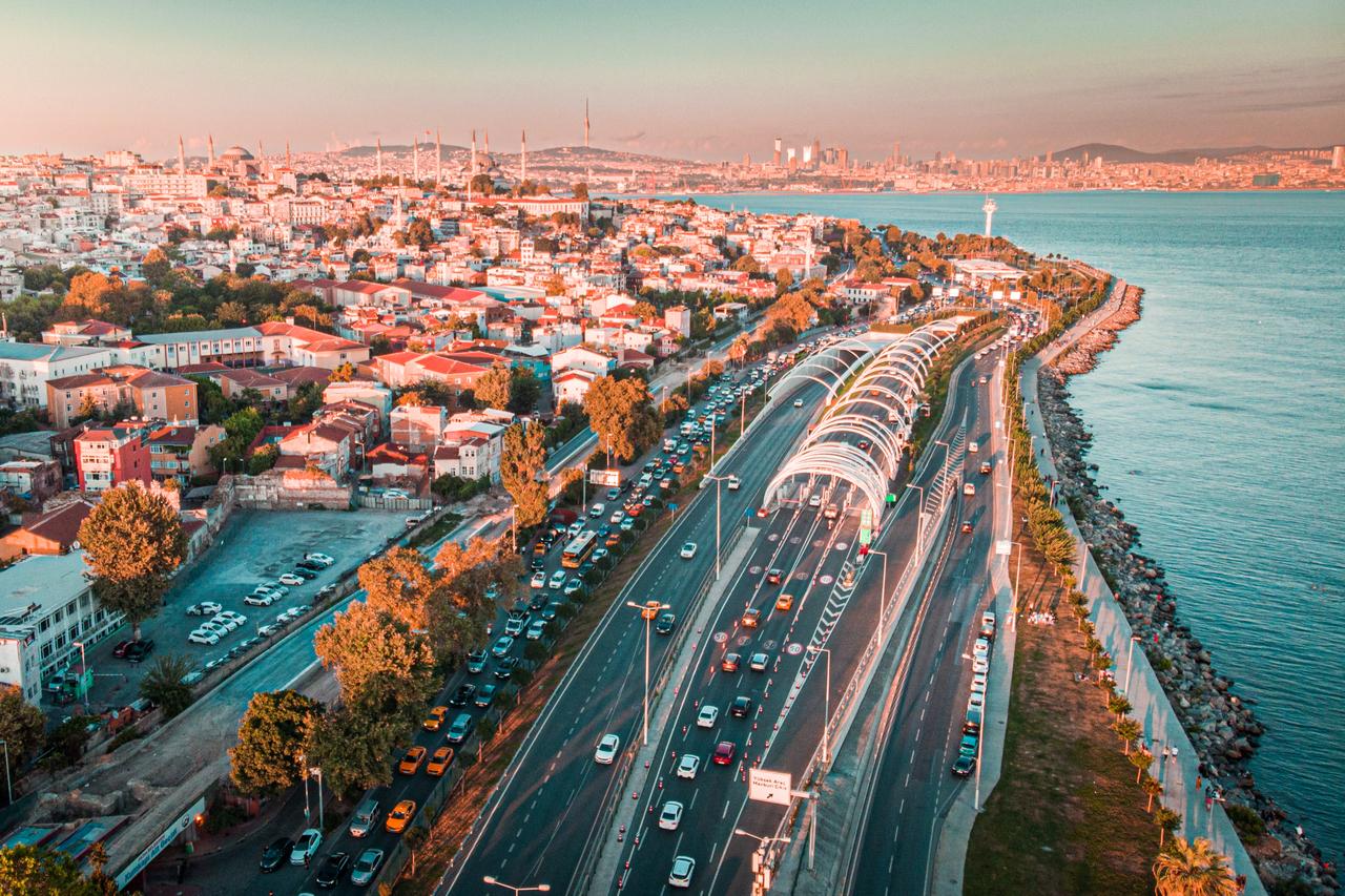 Photo shows aerial view of entrance to Eurasia tunnel during a sunset in Istanbul Türkiye, accessed on Dec. 20, 205. (Adobe Stock Photo)
