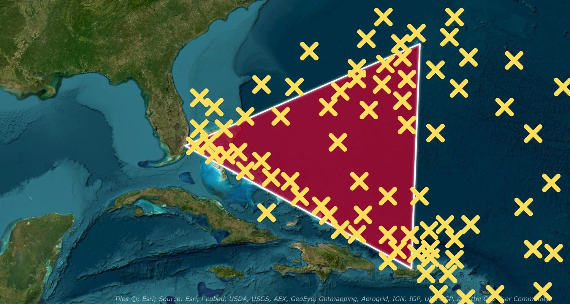 [OC] Visualising reported disappearances inside and around the Bermuda Triangle