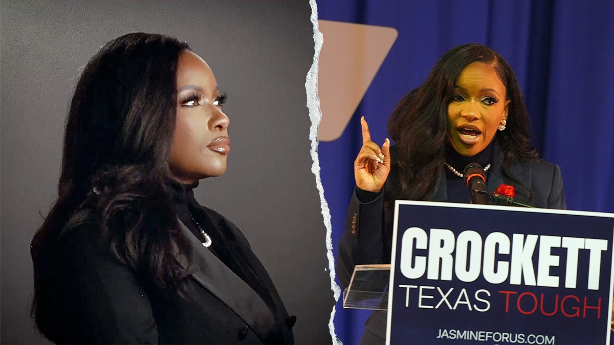 Jasmine Crockett ad and Crockett at campaign dais.