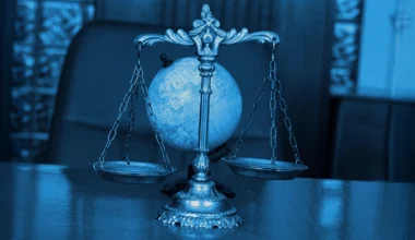 Scales on a table of a court room.
