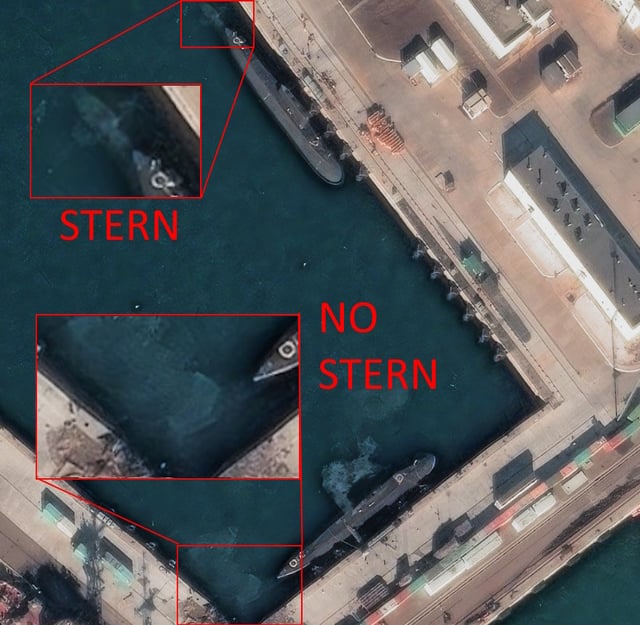 Better satellite imagery of the Kilo class (636.3) the discoloured water is most likely the bilge pump working overtime trying so suck out silt and water contaminated with hydraulic fluid, the stern is also not visible. The 2nd photo shows what part of the pier was damaged or destroyed.