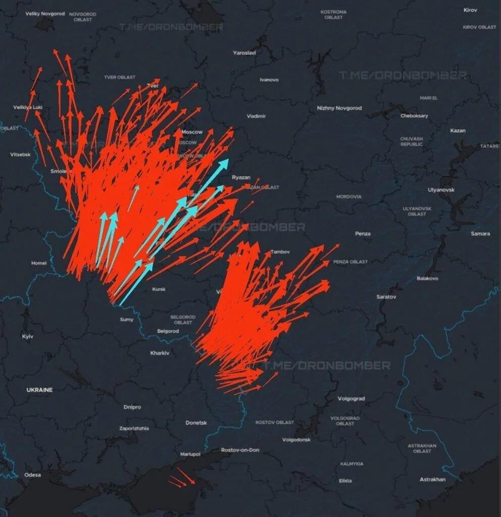 Ukraine launched massive drone attack tonight. Pic of drone flight paths