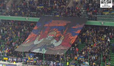 The UEFA fined Ukraine €15000 for the Pro-Ukrainian banner in the picture below, using “there’s no place for politics in football” as an excuse