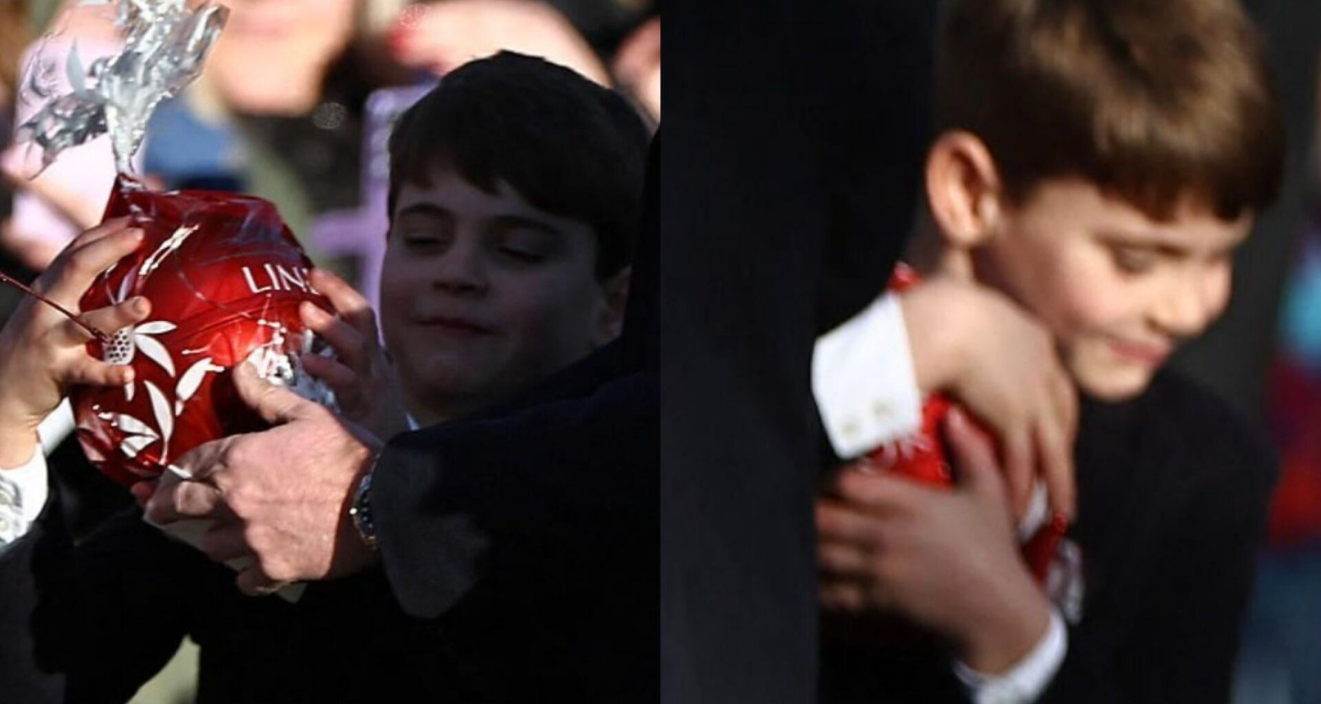 Prince Louis snatching a Lindt chocolate gift away from his father during the Christmas walk