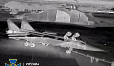 A russian MiG-31 in the sights of a guided long-range strike drone.