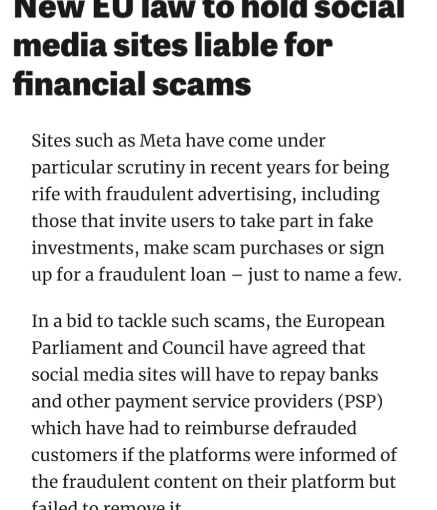 ŠOK! Nový návrh Evropské unie navrhuje, že online platformy budou zodpovědné za scam reklamy. Podvedení budou mít právo na vrácení peněz bankou, ty budou moct škodu vymáhat po poskytovateli reklamy.