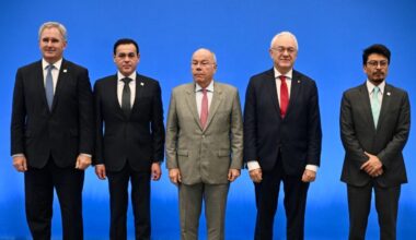 Argentina's Foreign Minister Pablo Quirno, Paraguay's Foreign Minister Ruben Ramirez, Brazil's Foreign Minister Mauro Vieira, Uruguay's Foreign Minister Mario Lubetkin and Bolivia's Foreign Minister Fernando Aramayo, pose for a family photo of the Mercosur Economic Bloc Foreign Ministers Meeting in Foz do Iguacu, Parana State, Brazil, on December 19, 2025. Representatives of the South American Mercosur trade bloc began meeting Friday in Brazil after plans to sign a long-delayed deal with the EU fell through.