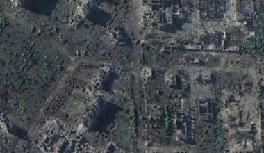 Satellite image of the ruined and completely destroyed Ukrainian city of Chasiv Yar - in the Donetsk Oblast. It had a population of around 12,000 residents.
