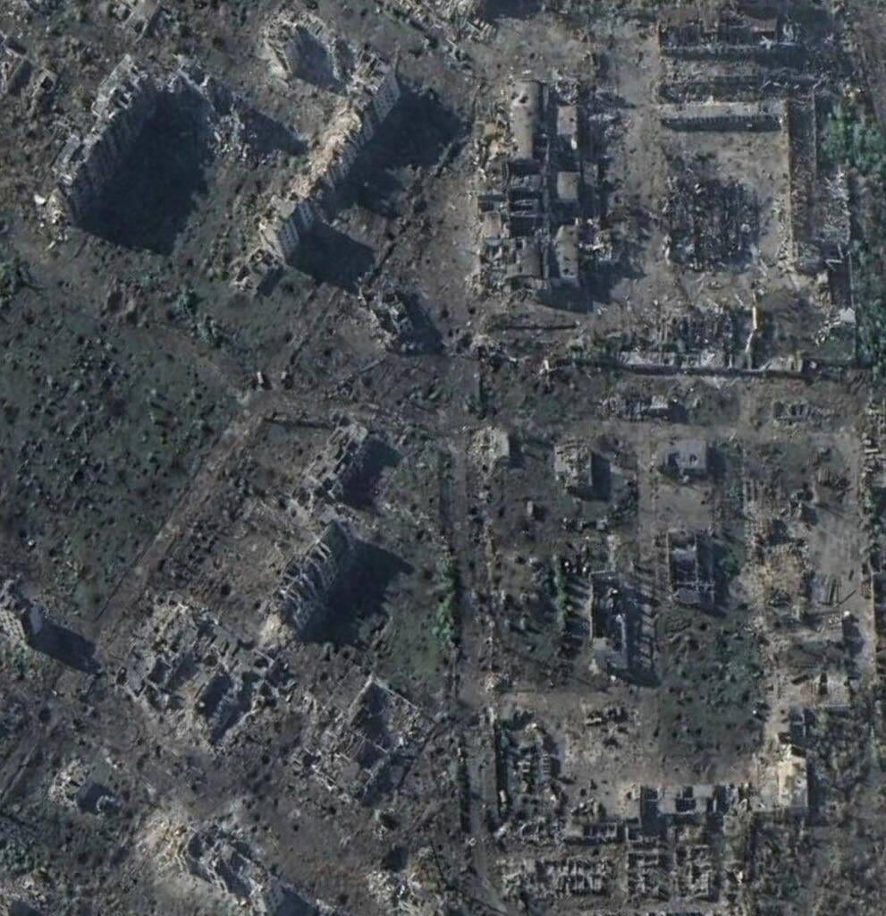 Satellite image of the ruined and completely destroyed Ukrainian city of Chasiv Yar - in the Donetsk Oblast. It had a population of around 12,000 residents.