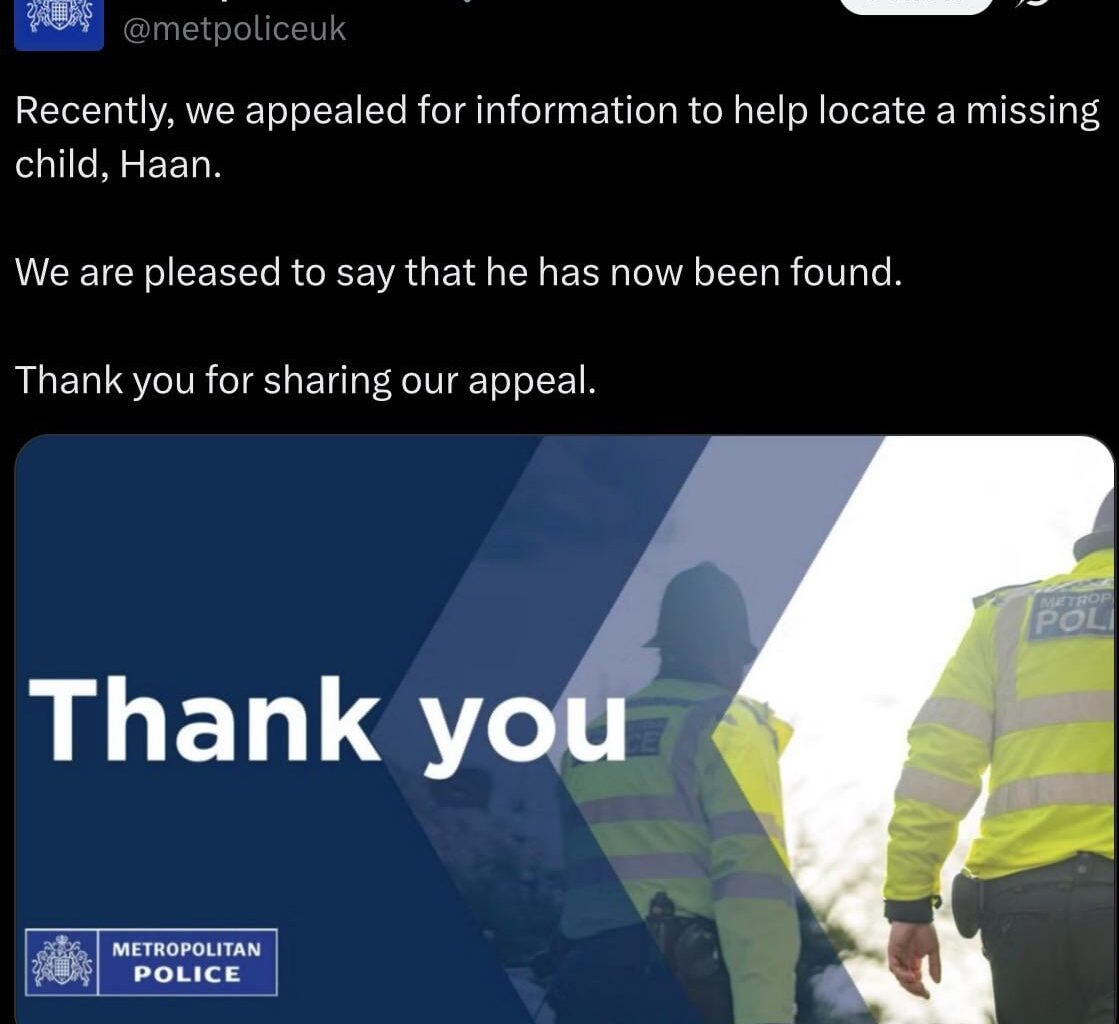 The missing child from yesterday has been found