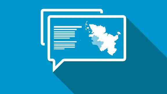 Grafik: Eine Sprechblase, in der die Kontur des Landes Schleswig-Holstein abgebildet ist.