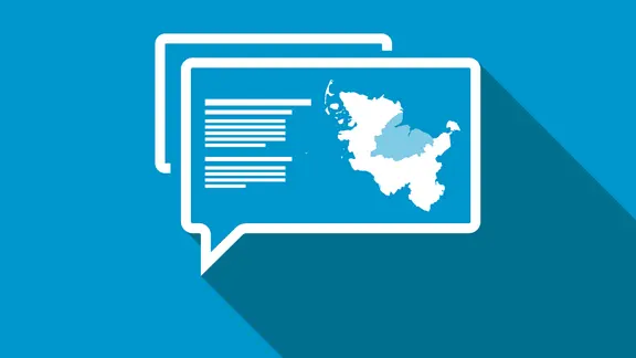 Grafik: Eine Sprechblase, in der die Kontur des Landes Schleswig-Holstein abgebildet ist.