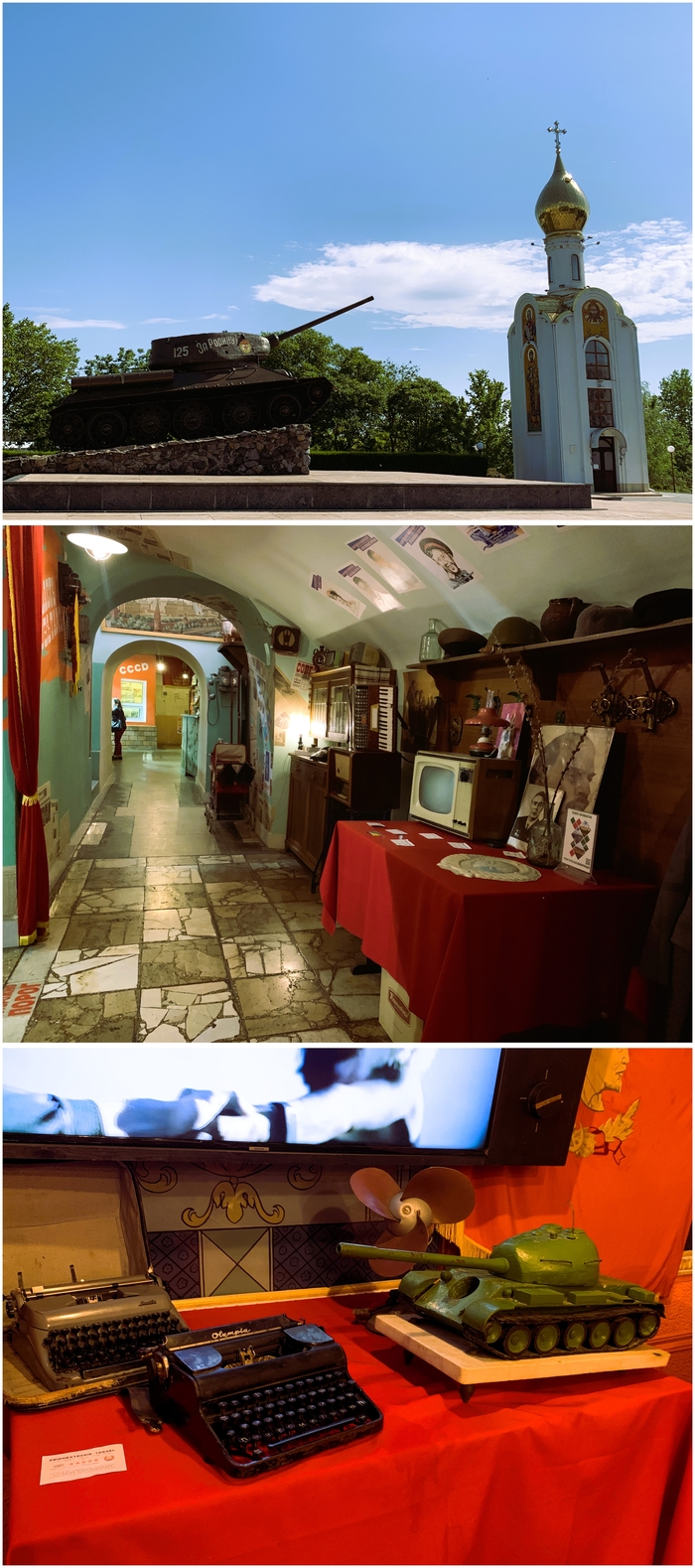 (from above) View of the Soviet T-34 tanks used in World War II, the representative restaurant of Tiraspol decorated with vintage Soviet memorabilia, 'Cantina Urs' on display outside the glorious memorial