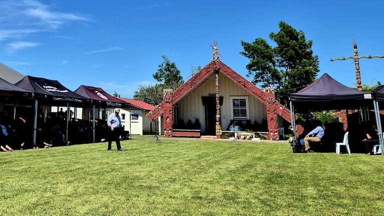 Ngira Simmonds speaking on Waiatuhi Marae.