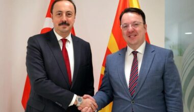 Deputy PM and Minister of Transport of North Macedonia Aleksandar Nikoloski (R) meets with Turkish Ambassador to Skopje Fatih Ulusoy (L) in Skopje, N. Macedonia on Dec. 26, 2025. (AA Photo)