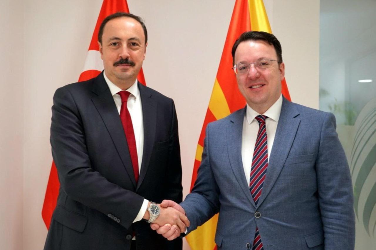Deputy PM and Minister of Transport of North Macedonia Aleksandar Nikoloski (R) meets with Turkish Ambassador to Skopje Fatih Ulusoy (L) in Skopje, N. Macedonia on Dec. 26, 2025. (AA Photo)