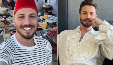 The man who claims to belong to the Ottoman Osmanoglu family appears in a collage showing him wearing a red fez at a breakfast gathering and posing indoors in an ornate white shirt. (Photo collage by Türkiye daily team)