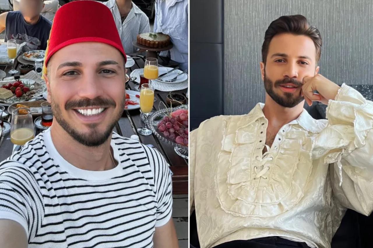 The man who claims to belong to the Ottoman Osmanoglu family appears in a collage showing him wearing a red fez at a breakfast gathering and posing indoors in an ornate white shirt. (Photo collage by Türkiye daily team)