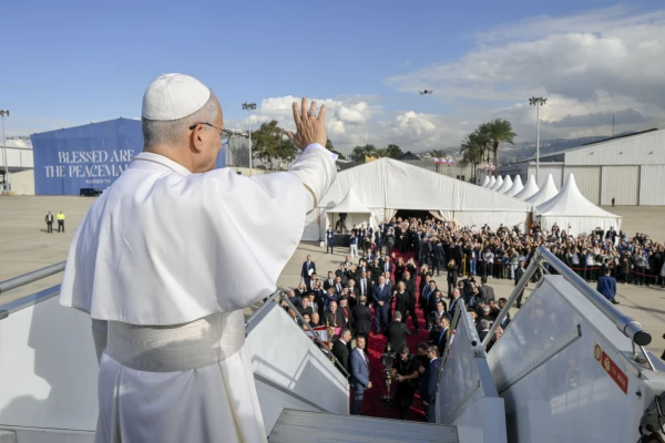 Pope Leo XIV waves goodbye to those in attendance at a farewell ceremony at the International Airport of Beirut in Lebanon on Dec. 2, 2025. Credit: Vatican Media