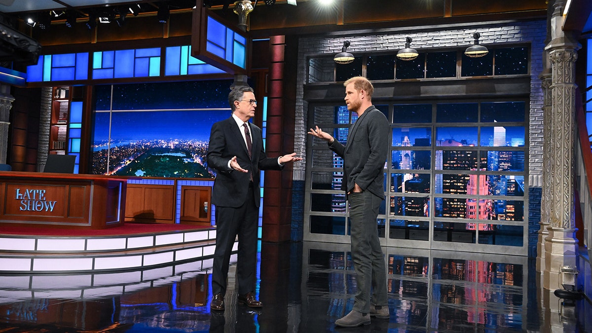 Stephen Colbert and Prince Harry speaking during the filming of "The Late Show with Stephen Colbert."