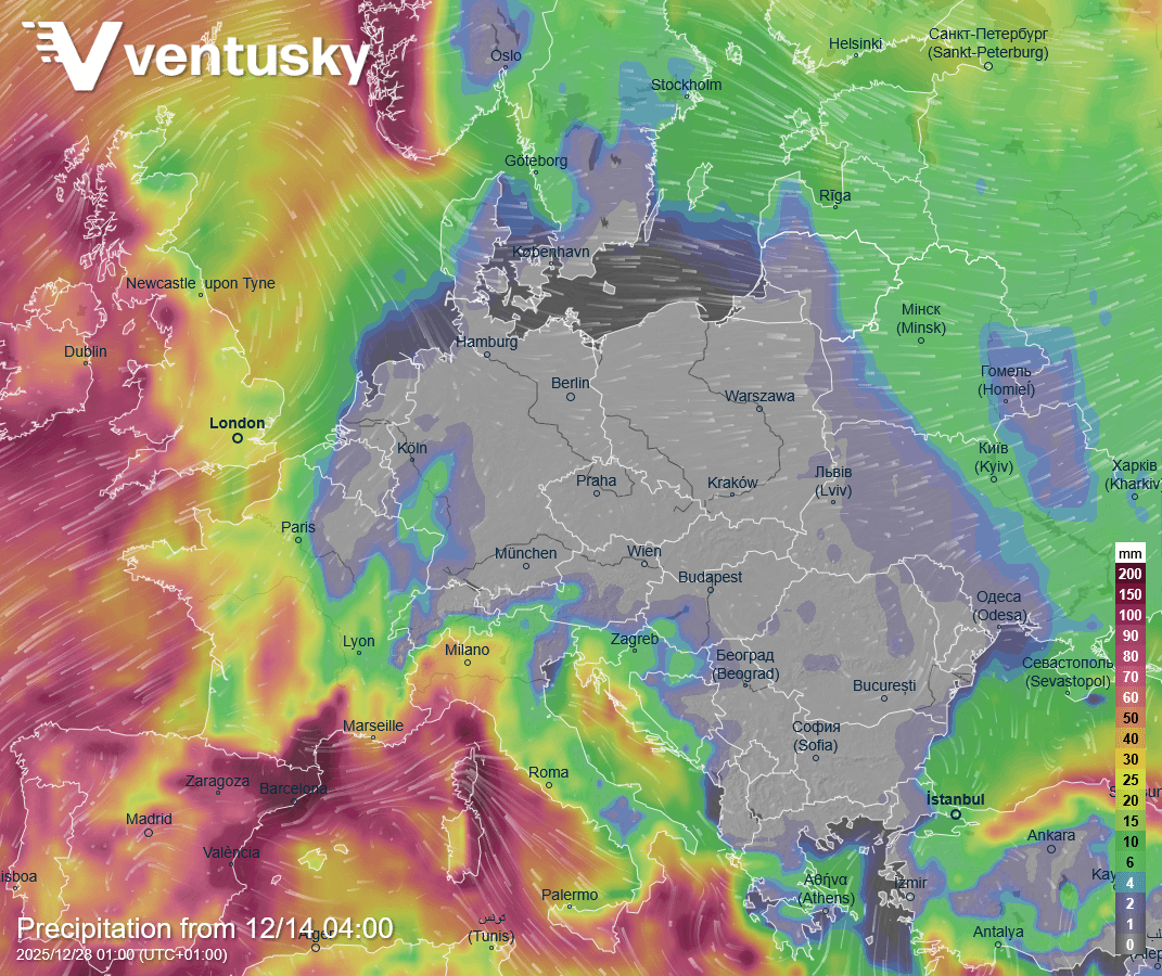 Očekávané srážky v Česku do konce prosince - čistá 0 (Ventusky.com)